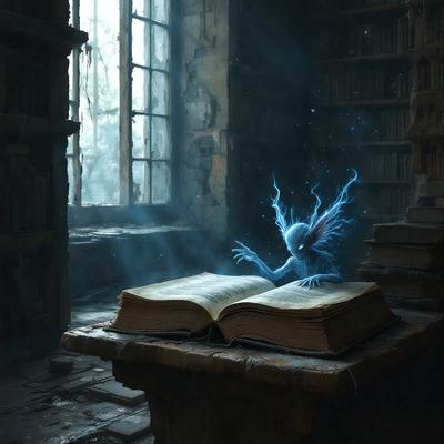 The primary subject of the image is a ghostly figure, possibly a fairy or a ghost, sitting on a book. The setting is a room with a table and a window. The visual style appears to be a digital art or illustration, creating a mysterious and eerie atmosphere. The colors are predominantly dark, with the ghostly figure being the main focus, and the room's environment is dimly lit.